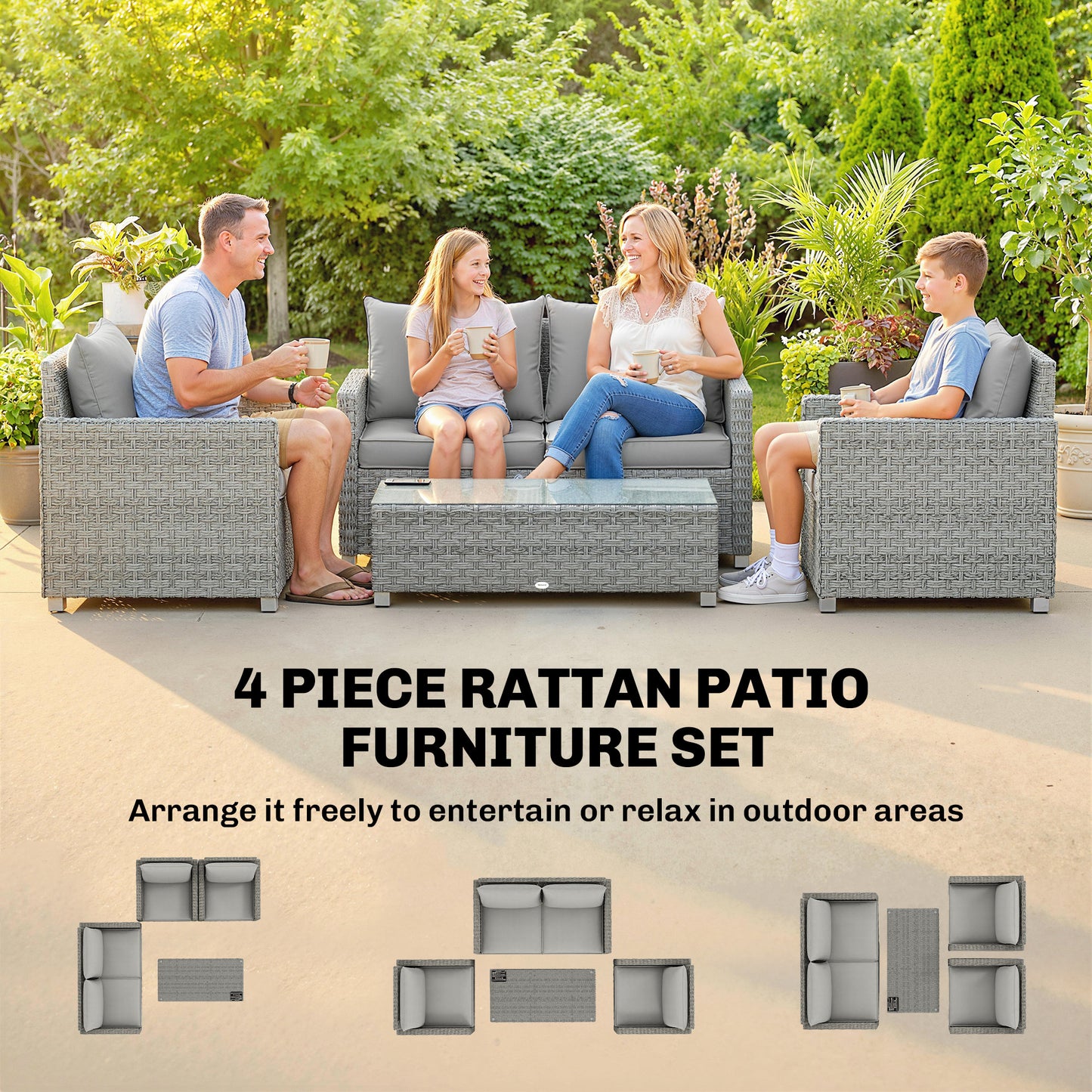 Outsunny 4 Piece Rattan Garden Furniture Set With Loveseat And 2 Armchairs Glass Top Table Wicker Set Grey