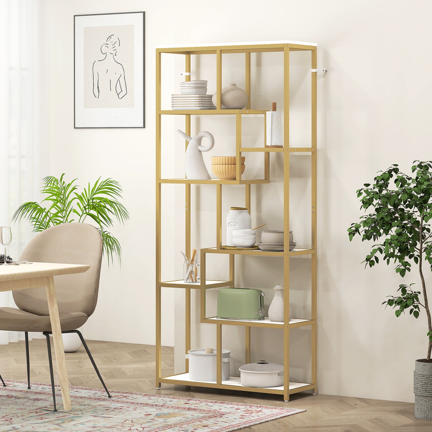 HOMCOM White And Gold Tone Seven Tier Geometric Bookcase With Sturdy Metal Frame