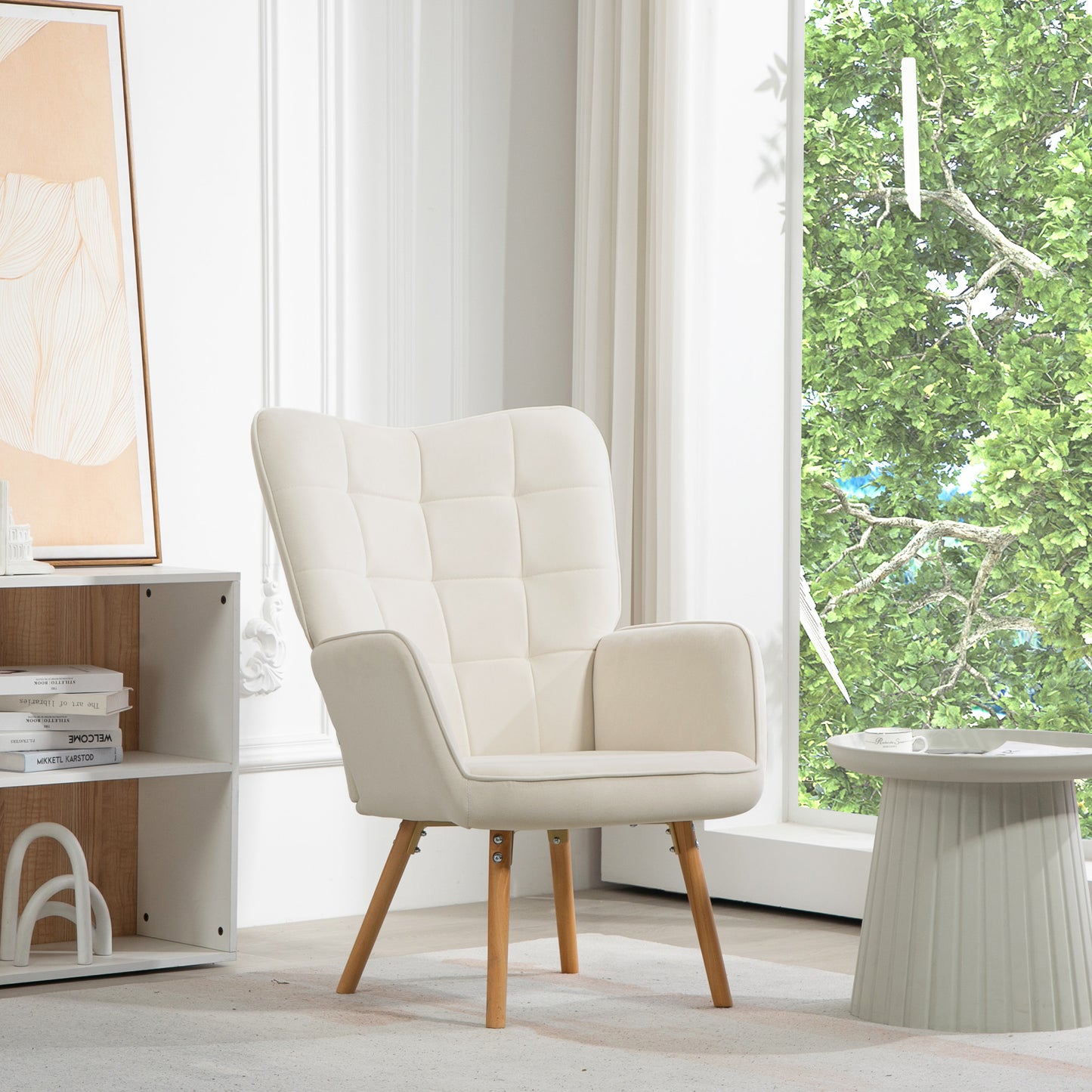 HOMCOM Contemporary Cream Velvet Wingback Accent Chair with Wooden Legs - ALL4U RETAILER LTD