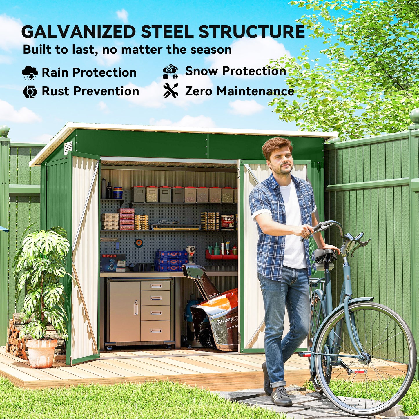 Outsunny 7.5 x 4.3 ft Metal Garden Storage Shed Waterproof Outdoor Shed With Triple Lockable Doors Green