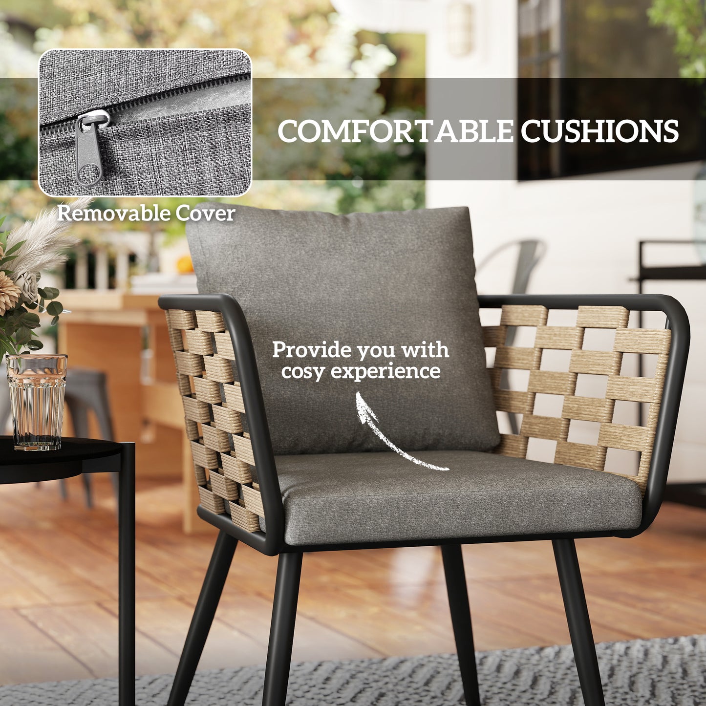 Outsunny 3 Pieces Rattan Bistro Set With Washable Cushions And Glass Top Coffee Table For Outdoor Patio Black