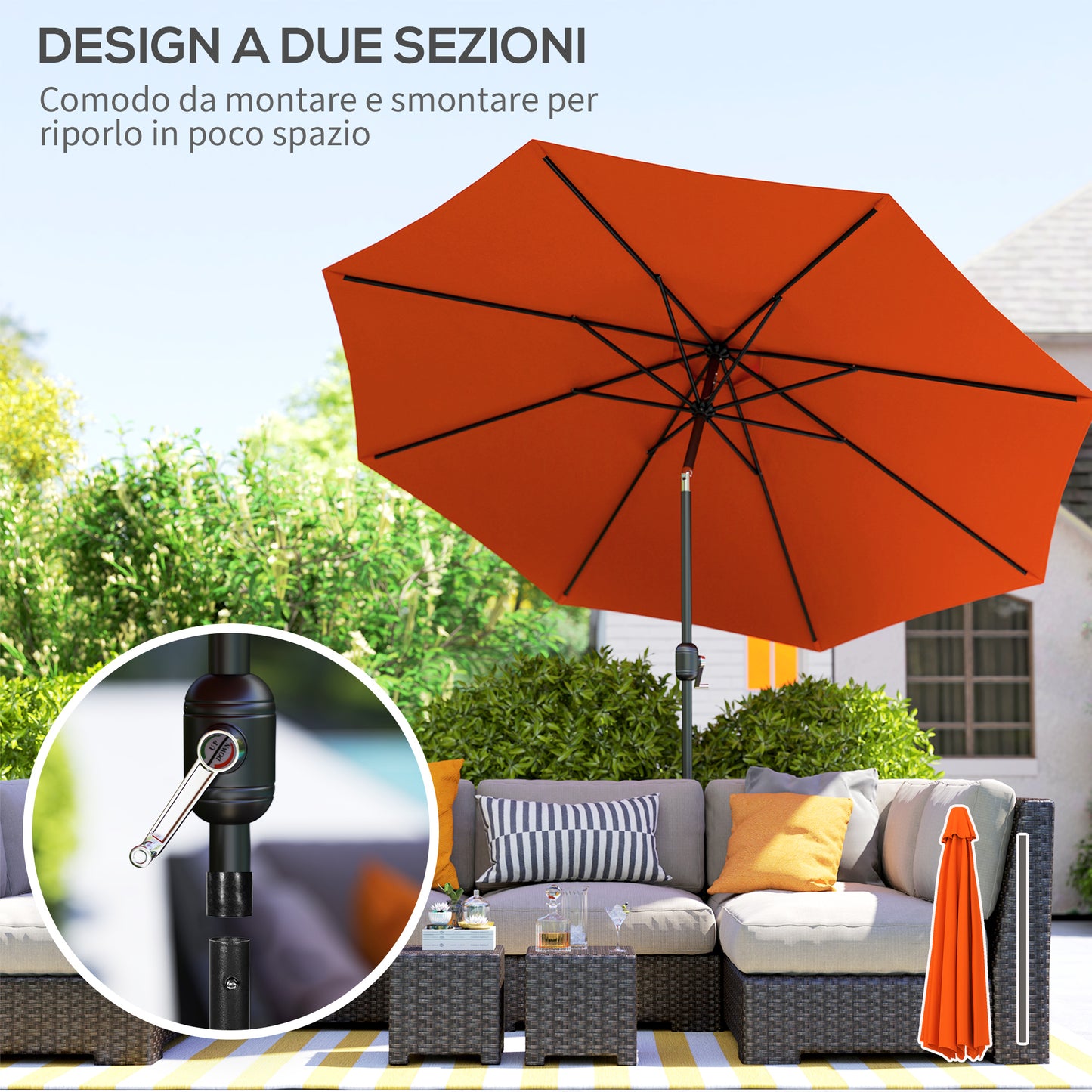 Outsunny 3 m Garden Parasol Umbrella With 8 Ribs Tilt Crank Handle For Balcony Bench Garden Orange