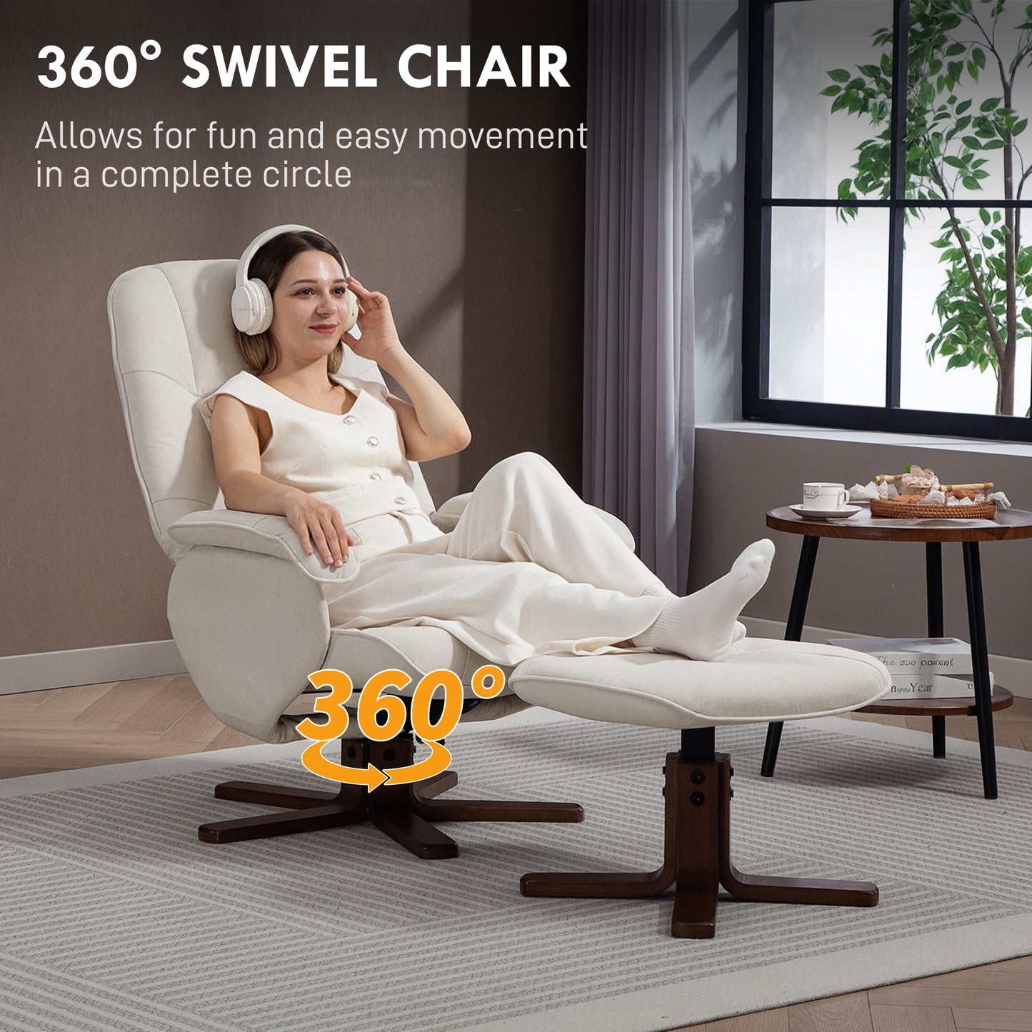 HOMCOM Linen Swivel Recliner Chair With Footstool Upholstered Armchair With Wooden Base Beige
