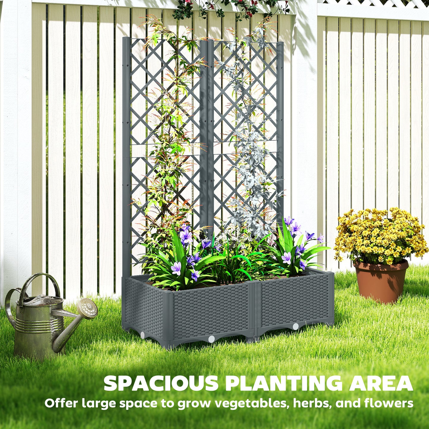 Outsunny Raised Garden Bed With Trellis For Climbing Plants Grey Plastic Planter Box With Drainage Holes And Reservoirs