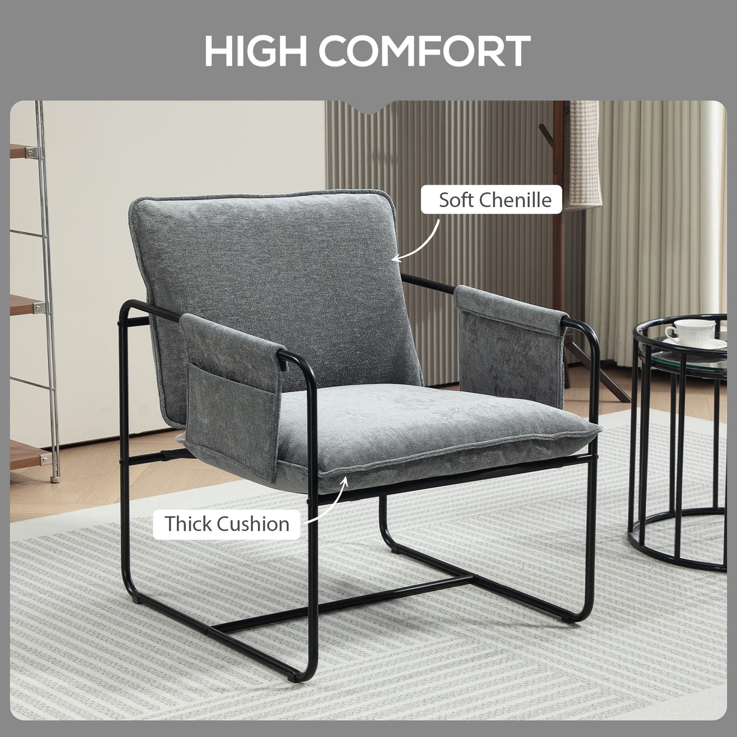HOMCOM Minimal Padded Accent Chair With Pockets Grey Chenille Upholstery Removable Washable Covers And Storage Arms