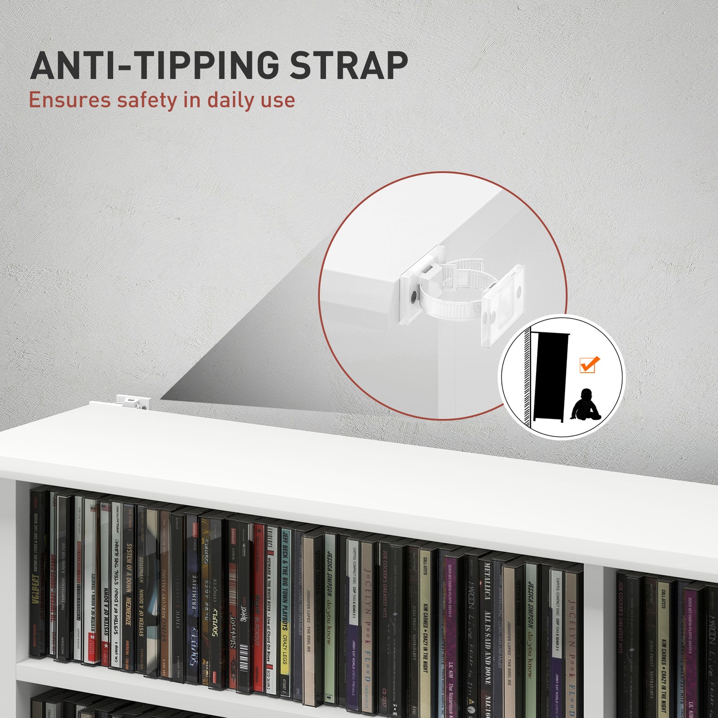 HOMCOM 16 Compartment White Media Shelf With 12 Adjustable Shelves For CDs DVDs Blu Rays Wall Straps Included