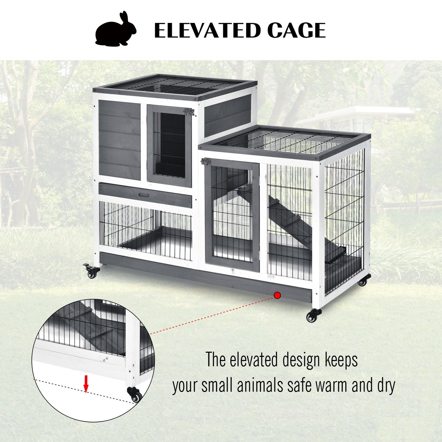 PawHut Elevated Wooden Indoor Cage Habitat for Small Animals with Enclosed Run and Wheels, Grey and White - ALL4U RETAILER LTD