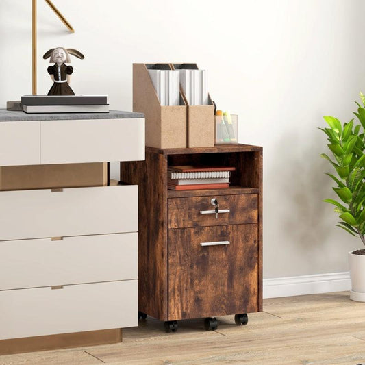 Vinsetto Lockable Filing Cabinet - Home Office Mobile File Cabinet with Wheels and Hanging Bar for A4, Letter Size - Rustic Brown - ALL4U RETAILER LTD