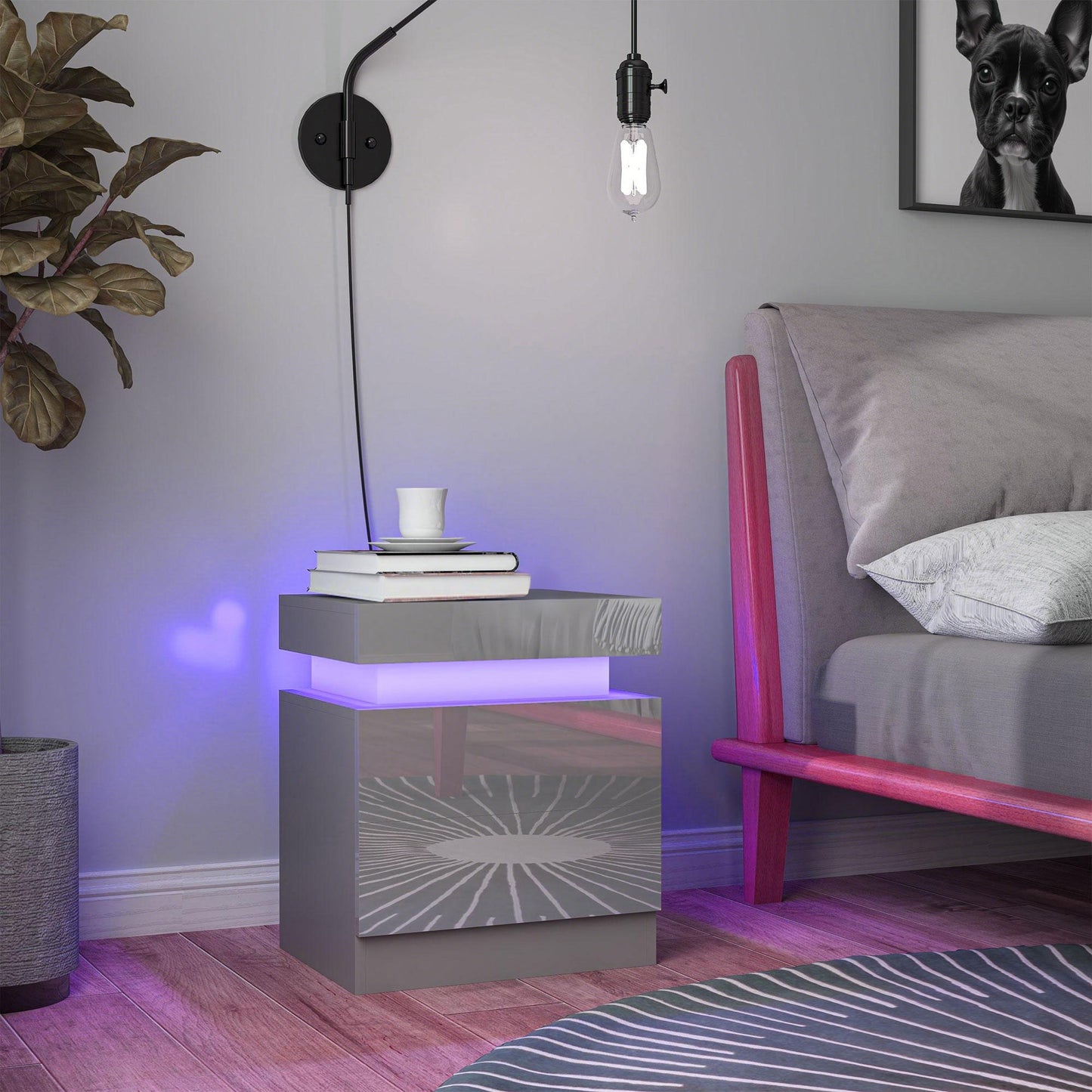 HOMCOM Grey Bedside Table With LED Light Panel And Bluetooth Music Sync High Gloss Front Nightstand With 2 Drawers