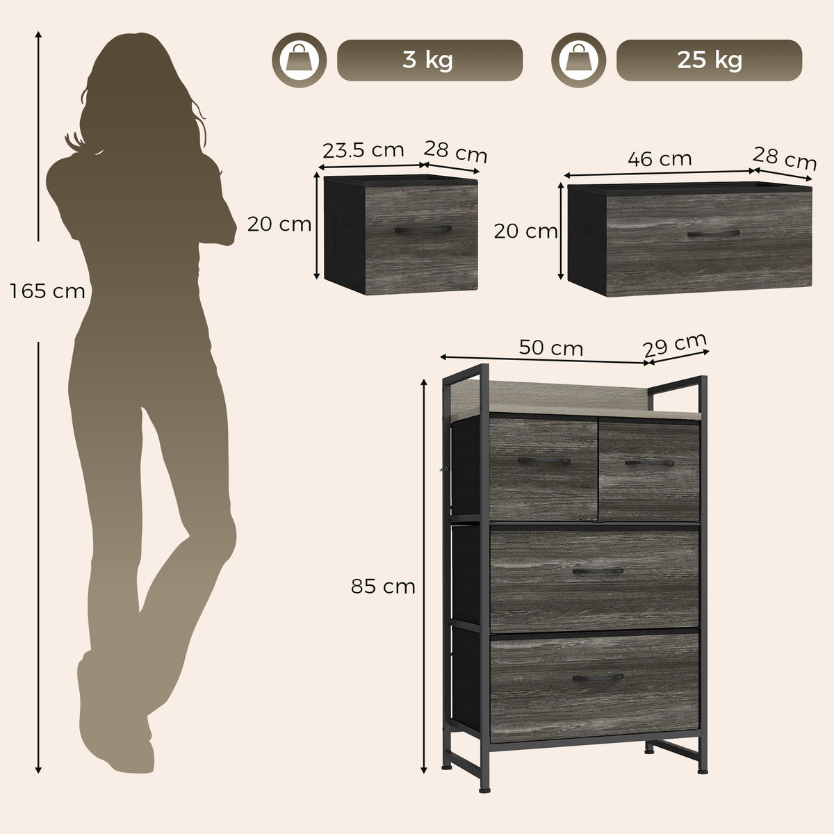 Grey wood-effect dresser with four drawers and black steel frame, adjustable foot pads