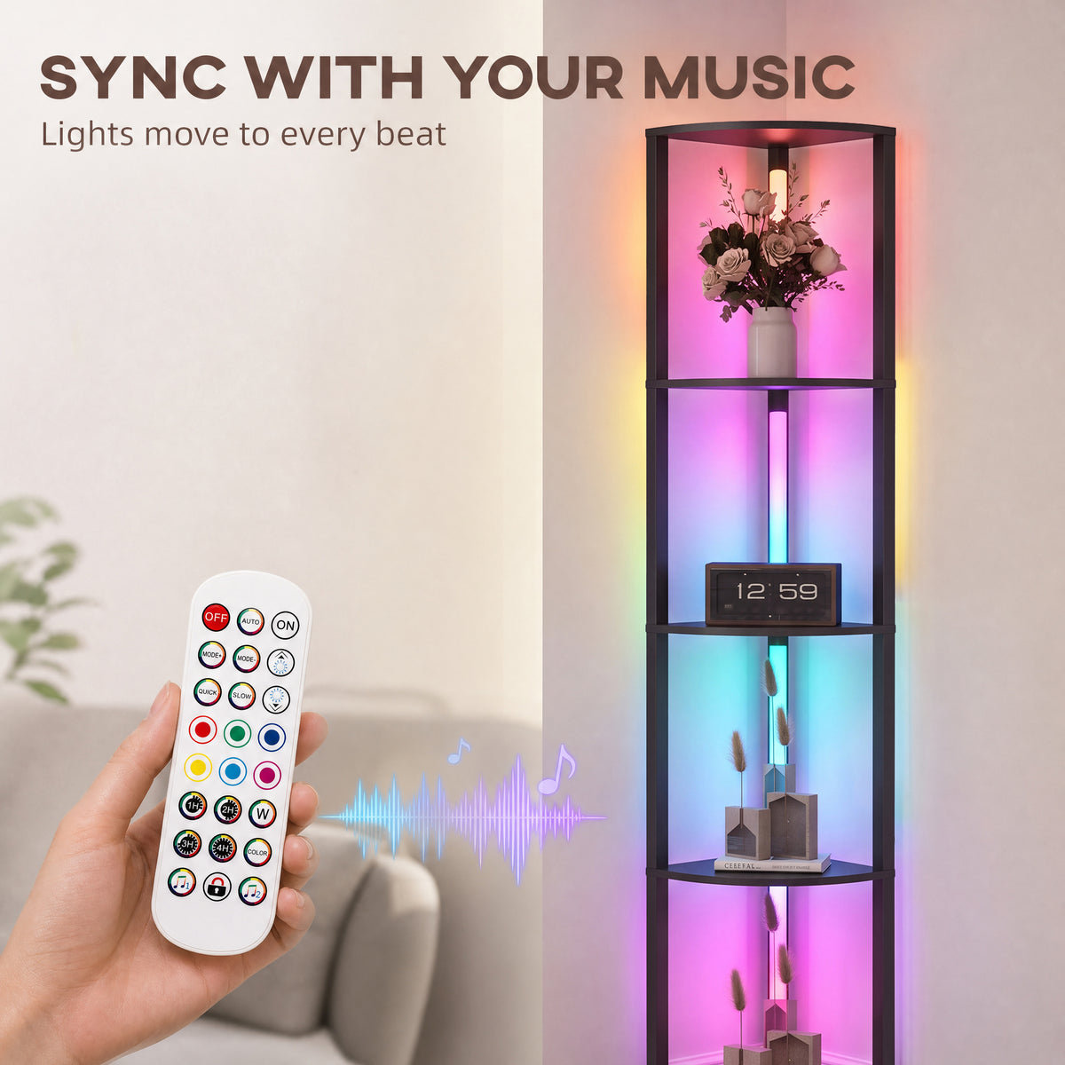 Black RGB floor lamp with four glass shelves and music-synced light effects