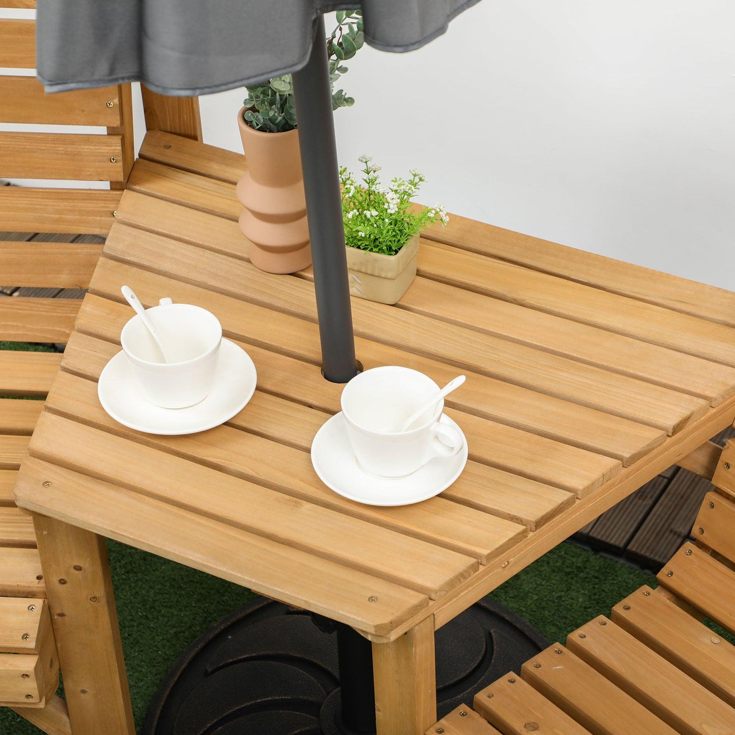 Outsunny Wooden Garden Love Seat w/ Coffee Table Umbrella Hole Partner Bench - ALL4U RETAILER LTD