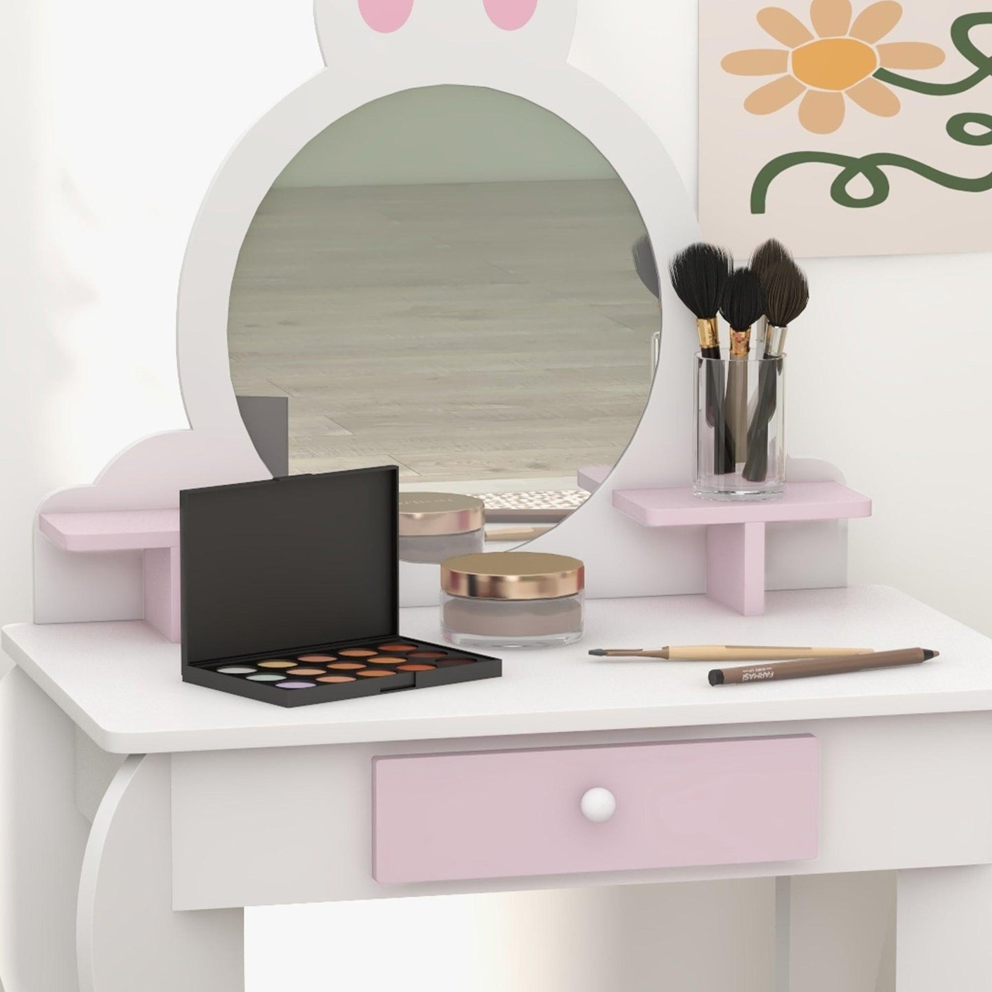 ZONEKIZ Bunny-Design Kids Dressing Table, with Mirror and Stool - White and Pink - ALL4U RETAILER LTD