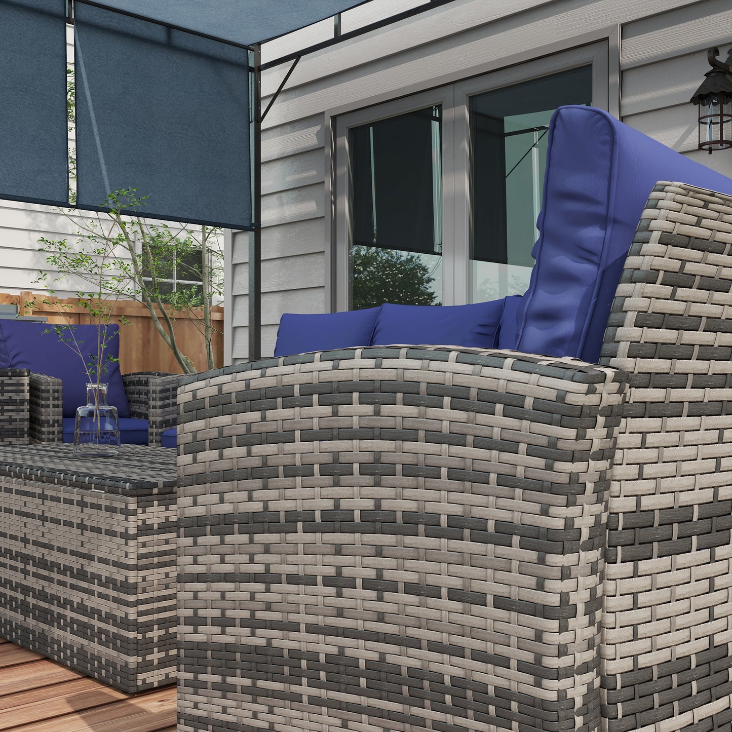 Outsunny 6 Piece Rattan Garden Furniture Set 7 Seater Navy Blue Wicker Sofa With Storage Tea Table And Side Table