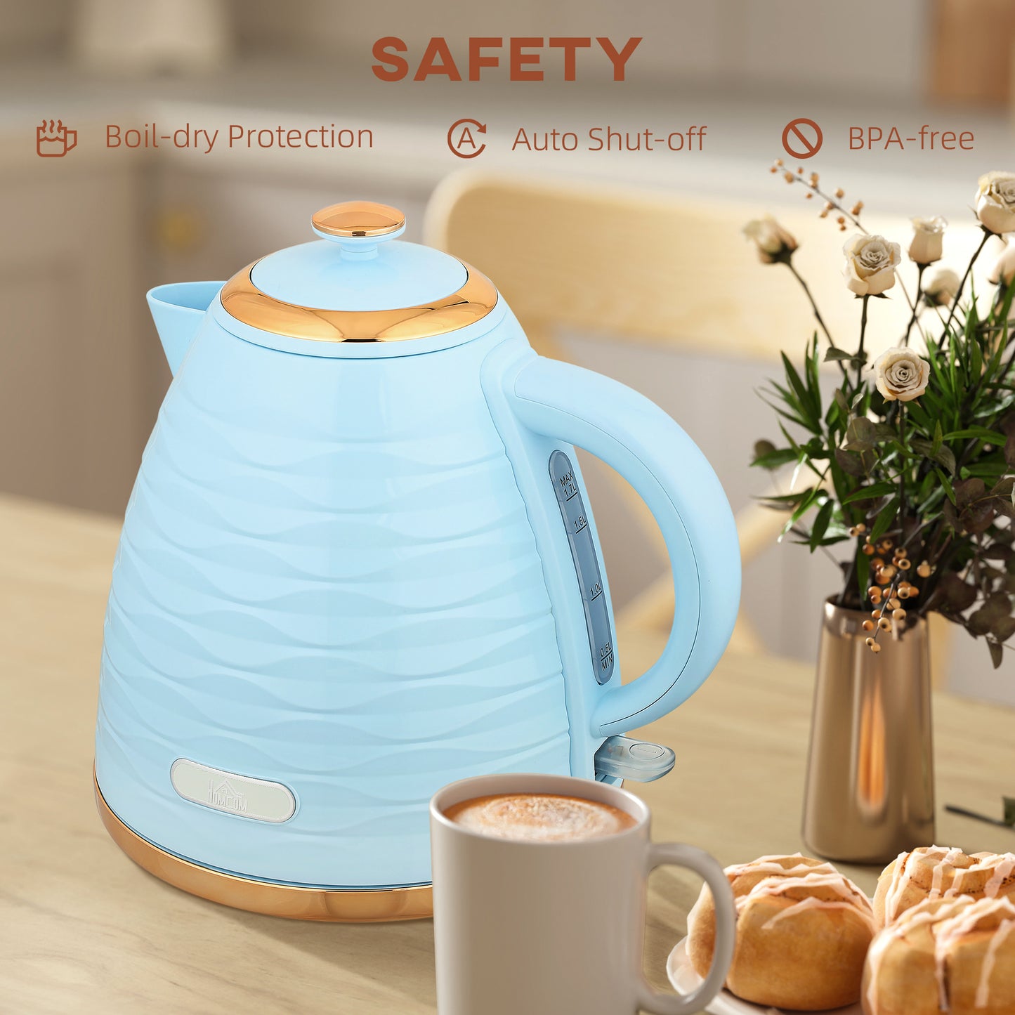 HOMCOM 3kW Rapid Boil Honeycomb Kettle Light Blue With Boil Dry Protection For Fast One Cup Water Heating In 42 Seconds
