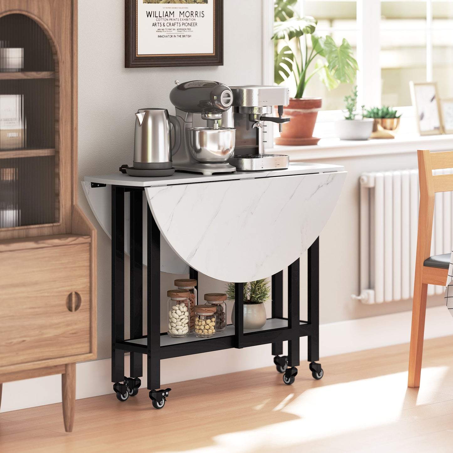 HOMCOM Folding Dining Table With Drop Leaf And Open Shelf On Wheels For Small Spaces White Marble