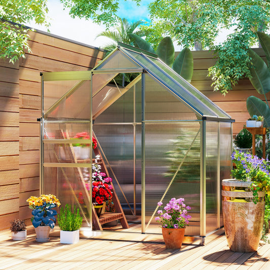 Outsunny 192.5 x 131 cm Walk In Polycarbonate Greenhouse Aluminum Frame Silver Tone For Garden
