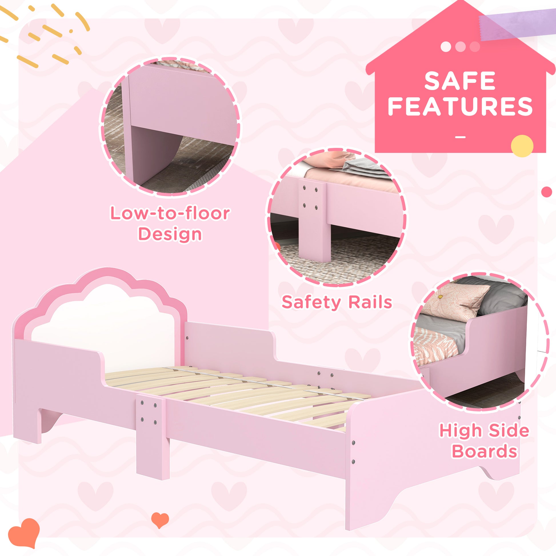 ZONEKIZ Pink Cloud Toddler Bed Frame, Princess-Themed Kids Bed, Compact Design for Small Spaces, 143 x 74 x 55 cm - ALL4U RETAILER LTD