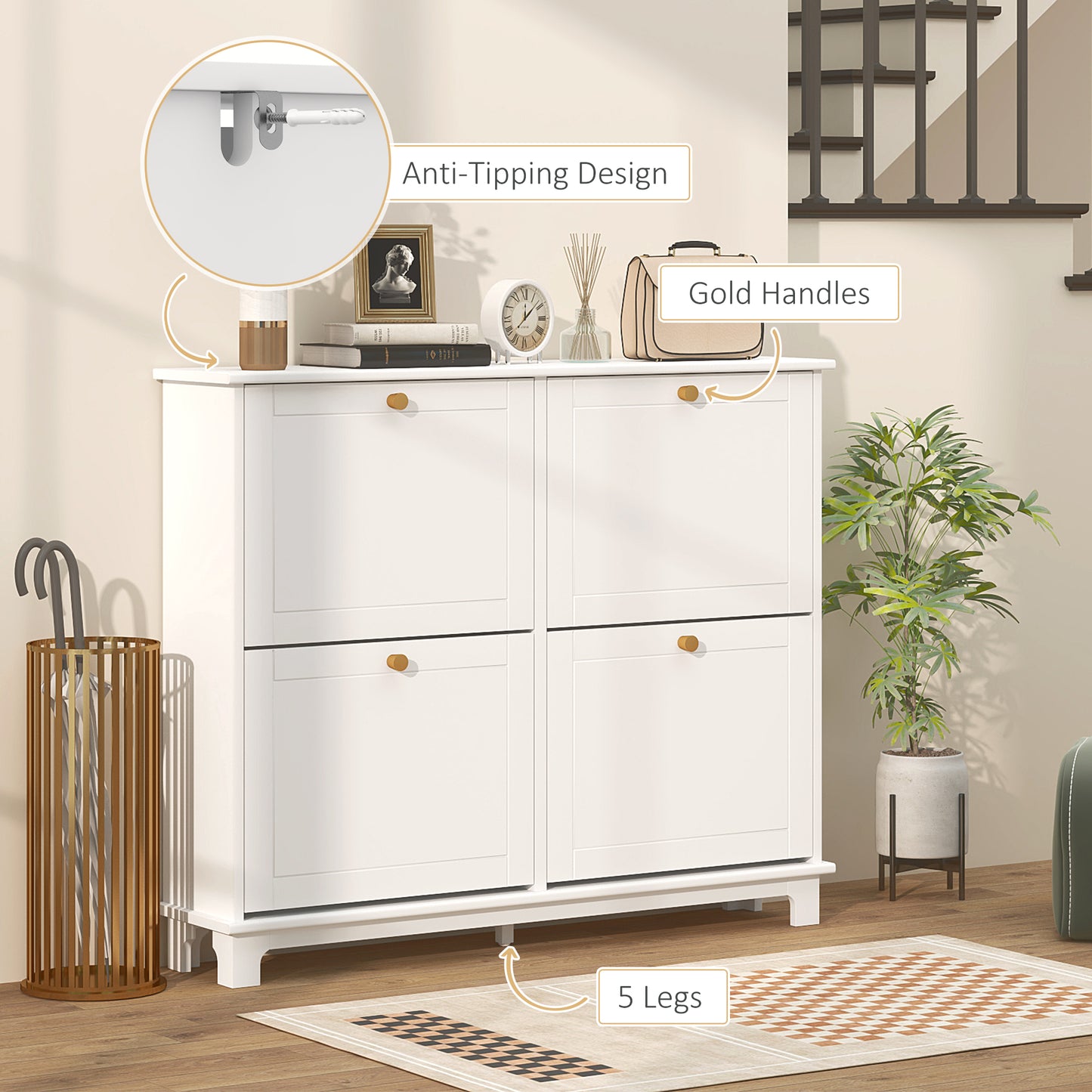 HOMCOM Narrow Shoe Storage Cabinet With 4 Flip Drawers And Adjustable Shelves For 16 Pairs White