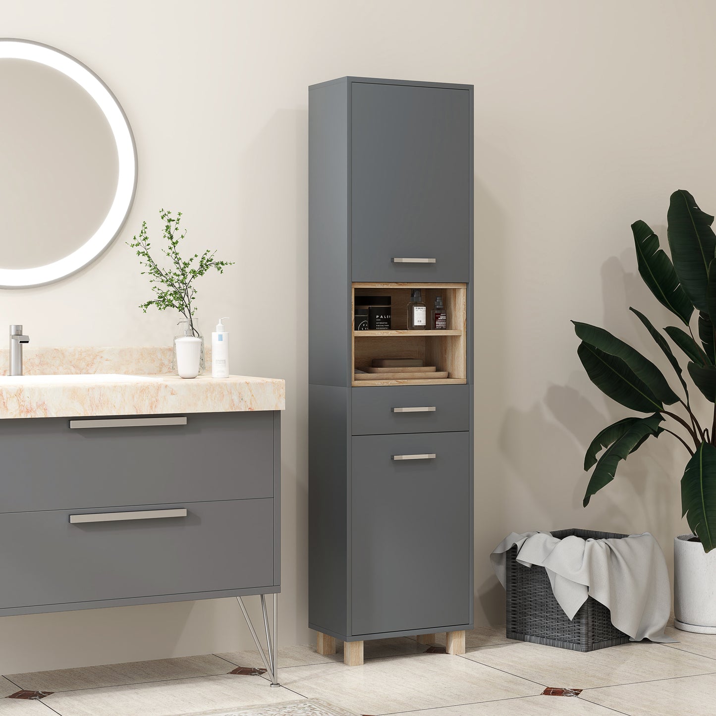 HOMCOM Tall Bathroom Storage Cabinet With MDF Triamine Board And Waterproof Sticker Matte Grey
