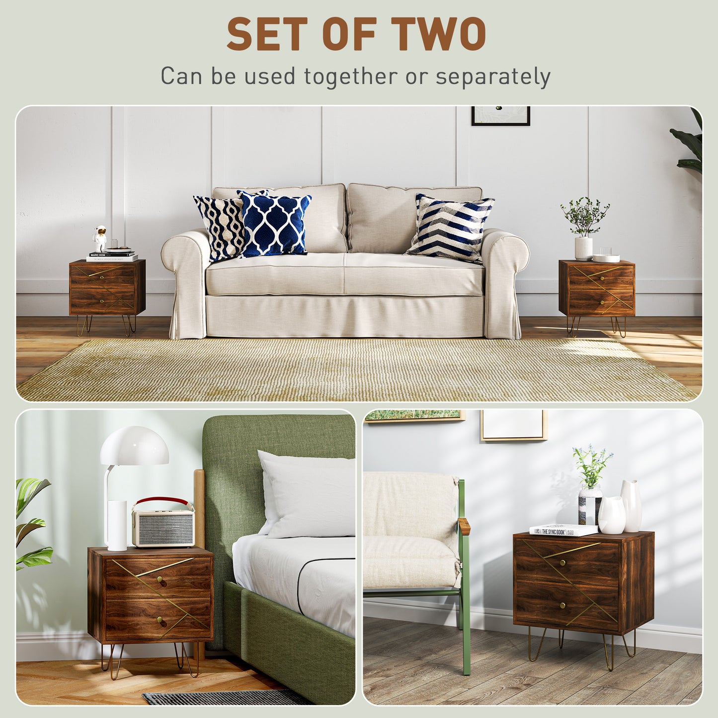 HOMCOM Bedside Tables Set of 2 With 2 Drawers and Gold Hairpin Legs Wood Grain Nightstands