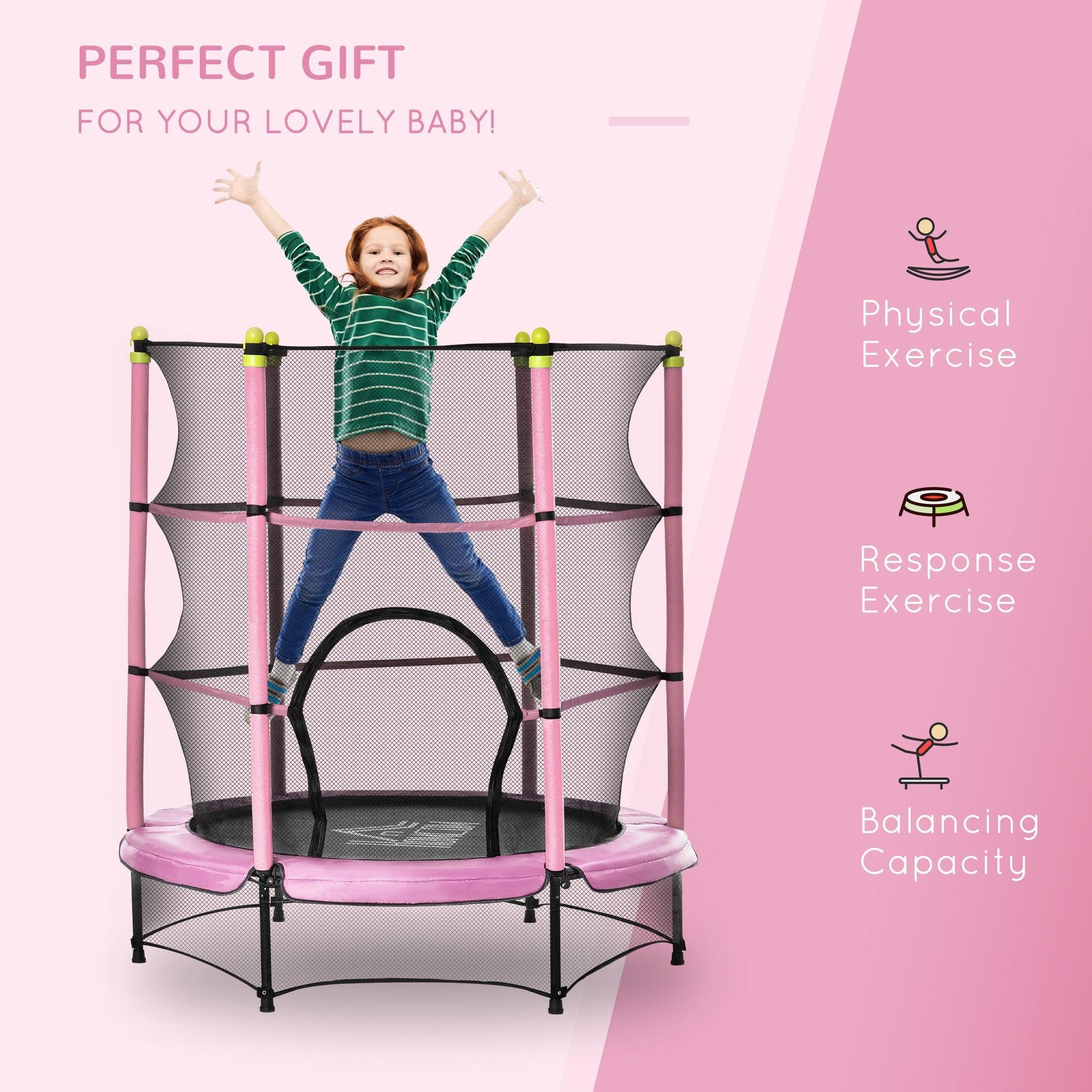 HOMCOM 5.2FT Kids Trampoline with Safety Enclosure, Indoor Outdoor - Pink - ALL4U RETAILER LTD