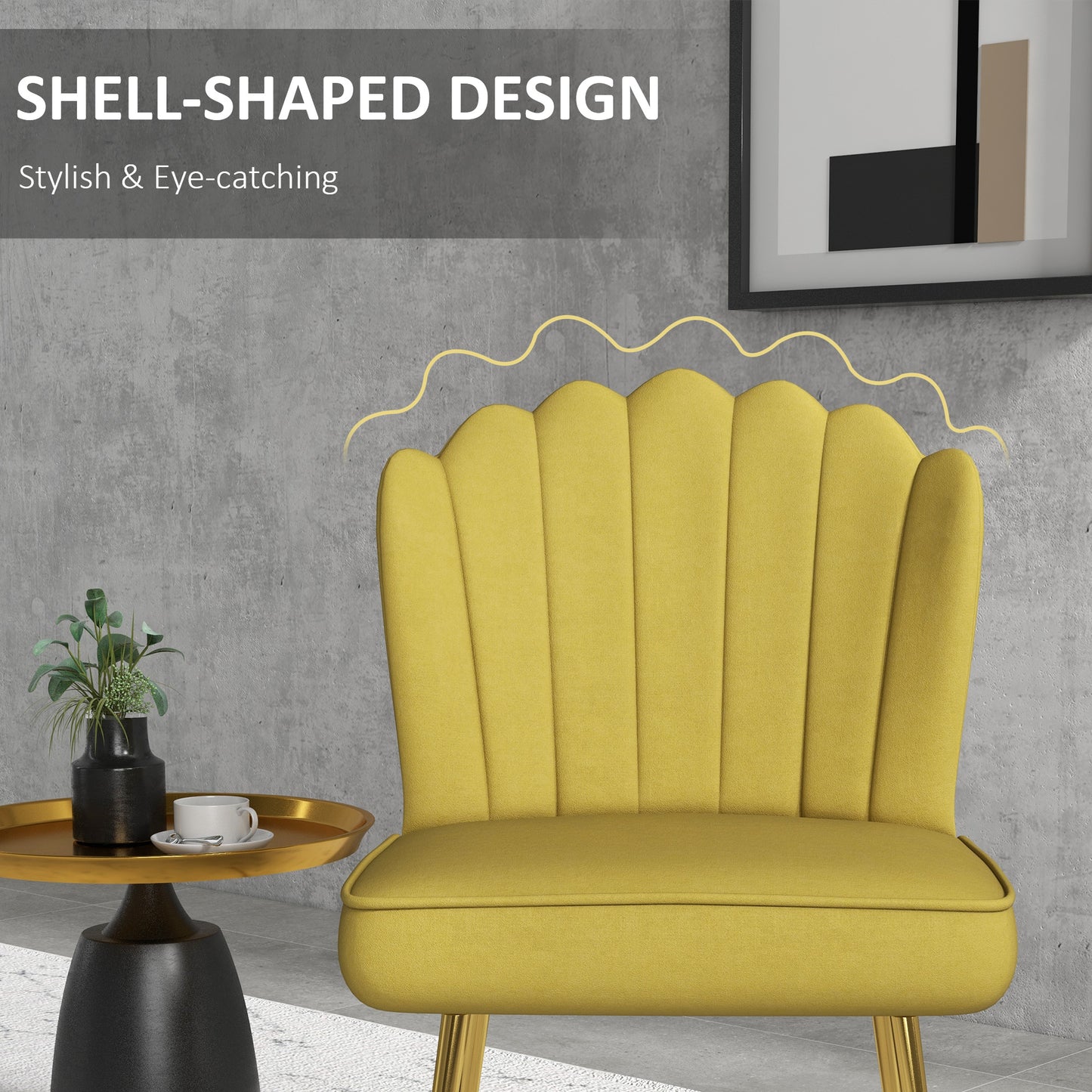 HOMCOM Stylish Yellow Velvet Shell Accent Chair with Gold Legs