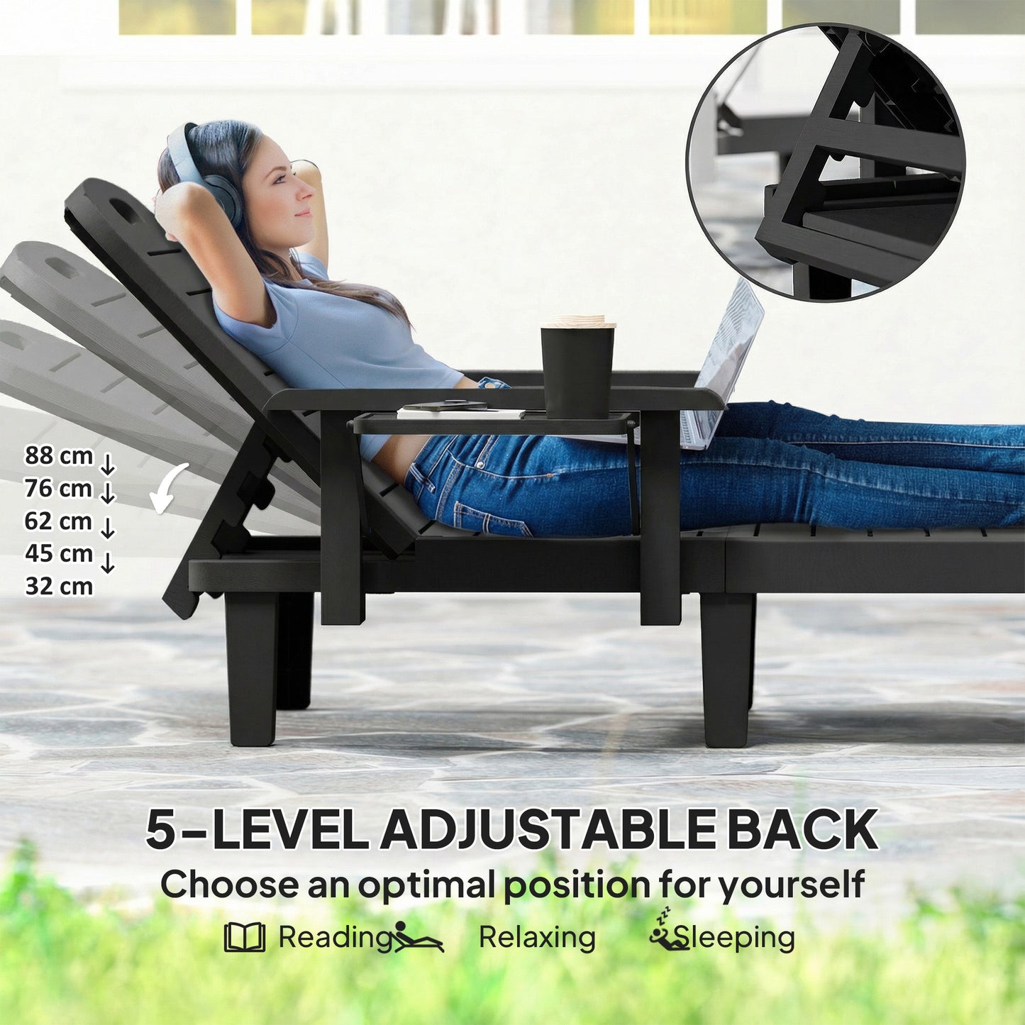 Outsunny Set Of 2 Adjustable Sun Loungers With Five Position Recline And Armrests For Outdoor Use Foldable Table Black