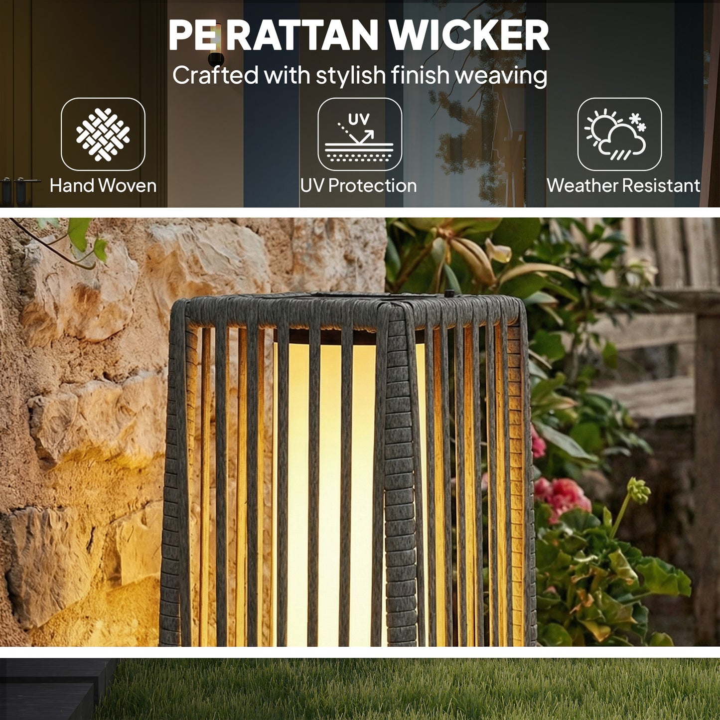 Outsunny Solar Rattan Floor Lamp Outdoor Garden Lantern With Auto On Off LED Lights IP44 Patio Terrace Dark Grey