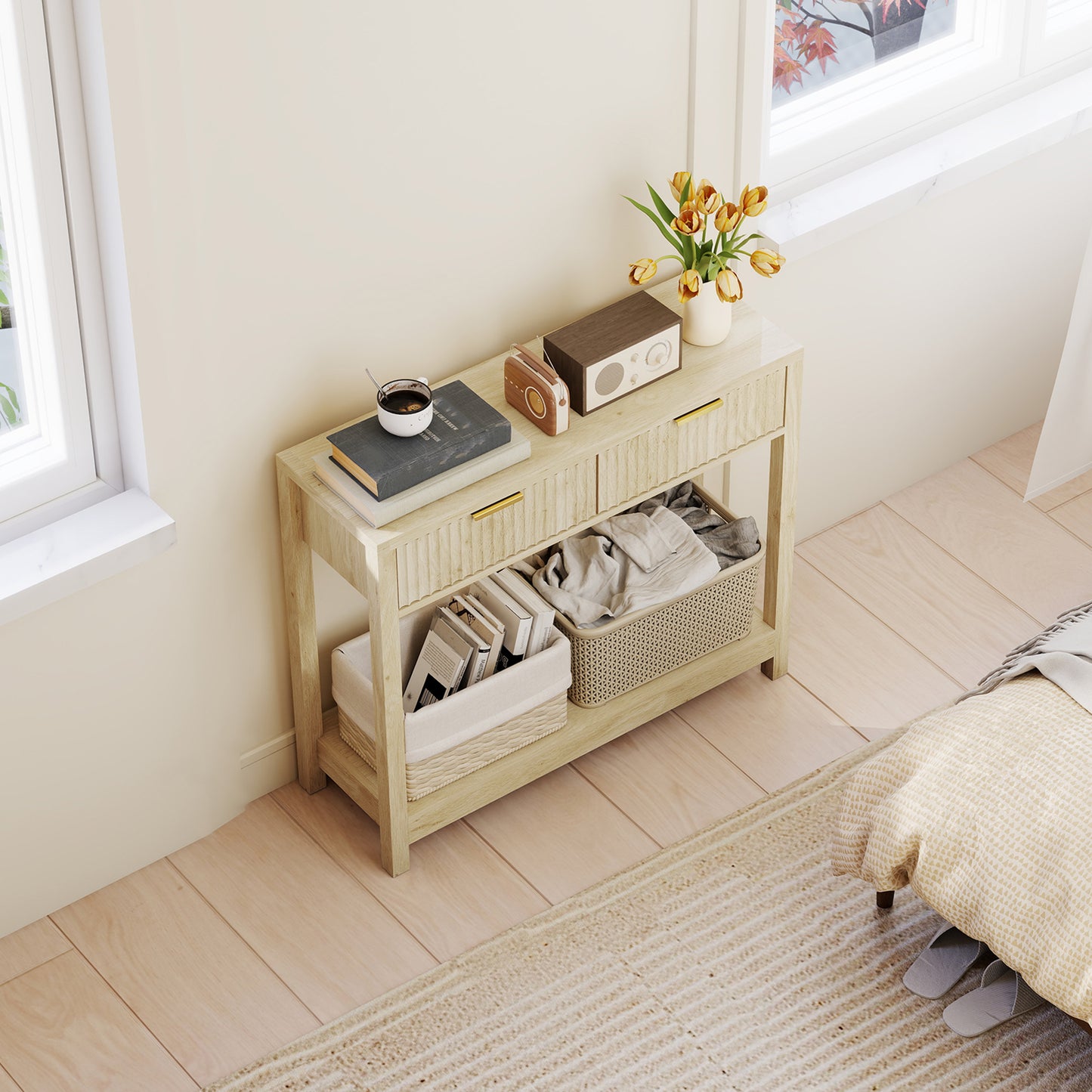 HOMCOM Modern Console Table With Fluted Panel Drawers Narrow Hallway Entryway Table With Open Shelf Natural Wood Finish