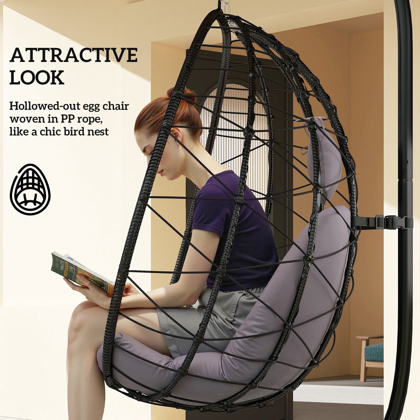 Outsunny Hanging Egg Chair Outdoor Indoor Garden Swing Chair With Folding Basket Thickened Cushion Headrest Stand Grey