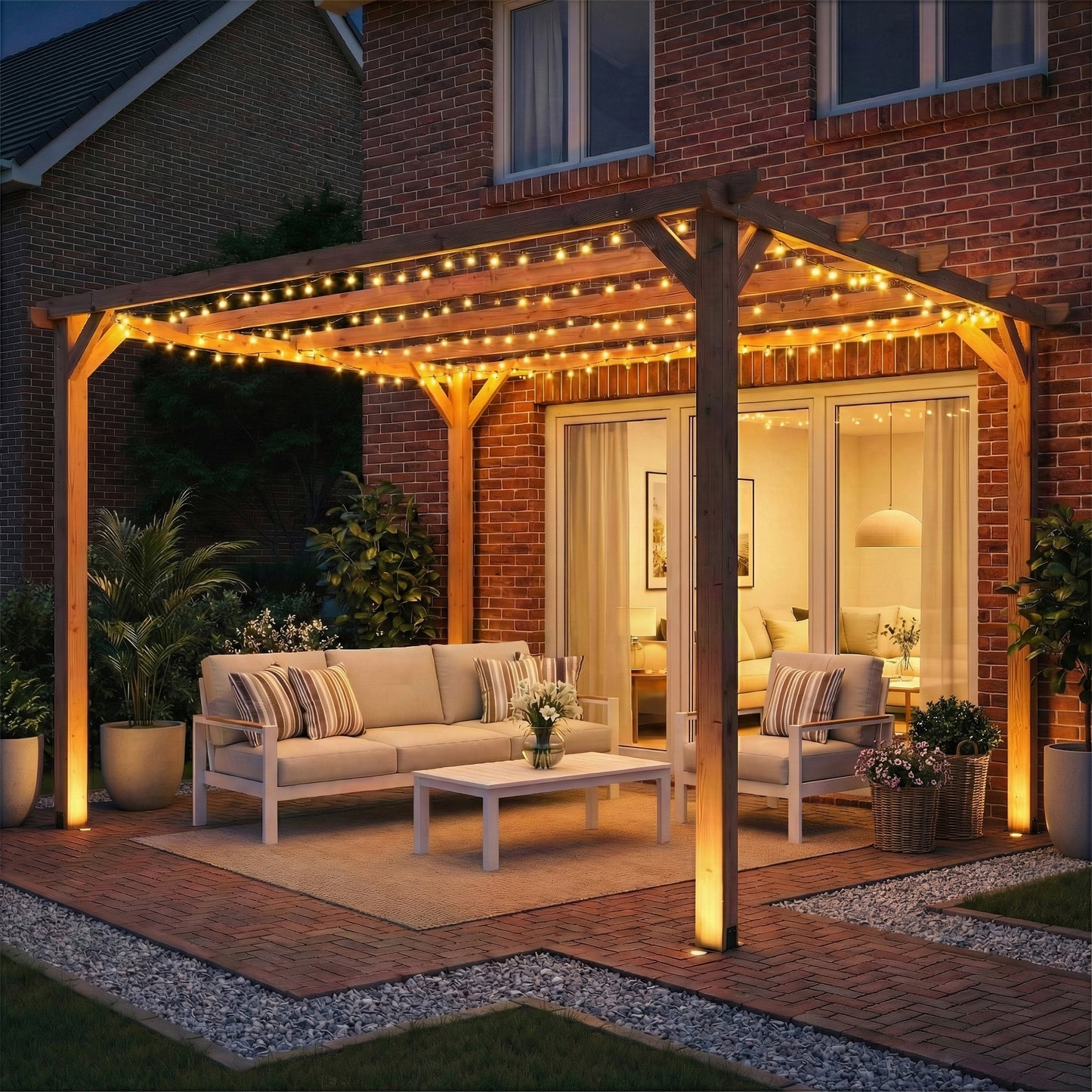 Outsunny 3x3m Wooden Pergola Kit Garden Gazebo Grape Trellis With Triangle Supports Five Beams Maple Wood Effect