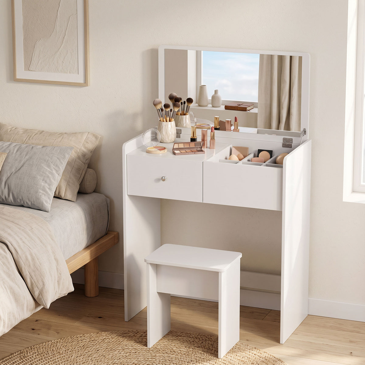 White vanity desk with mirror, two drawers, and matching stool