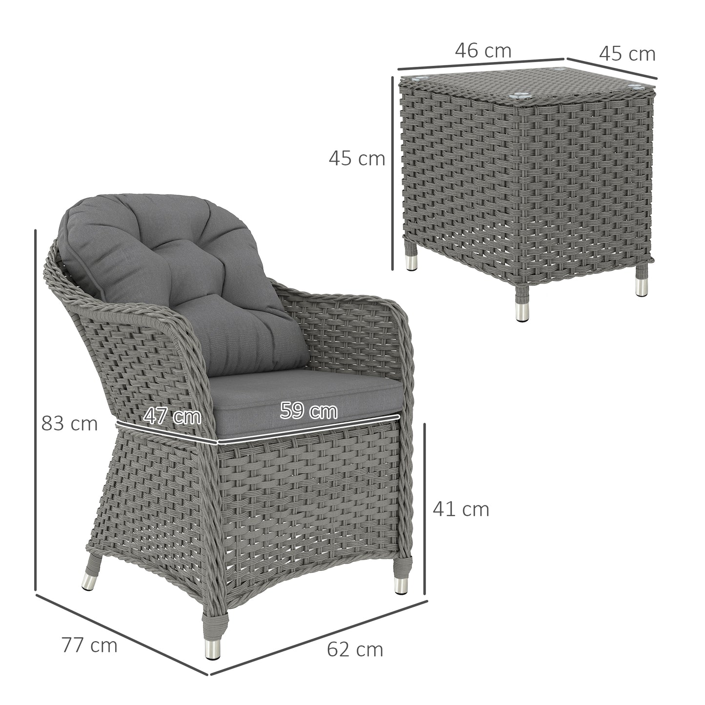Outsunny Three Piece Super Padded Rattan Set Outdoor Patio Garden Table And Two Chairs Light Grey