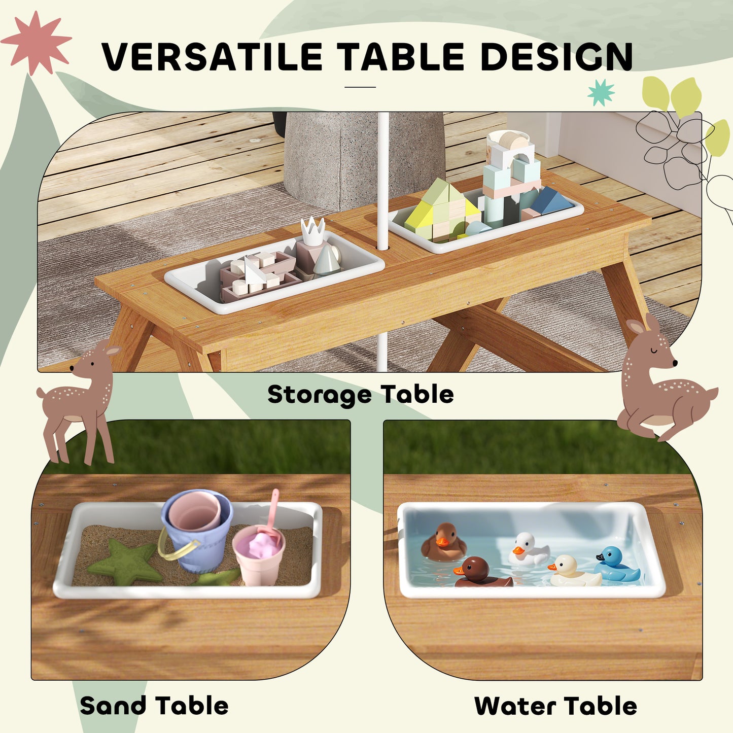 AIYAPLAY Kids Picnic Table With Sand And Water Bins Two Benches Adjustable Parasol Storage Multicolour Garden Furniture