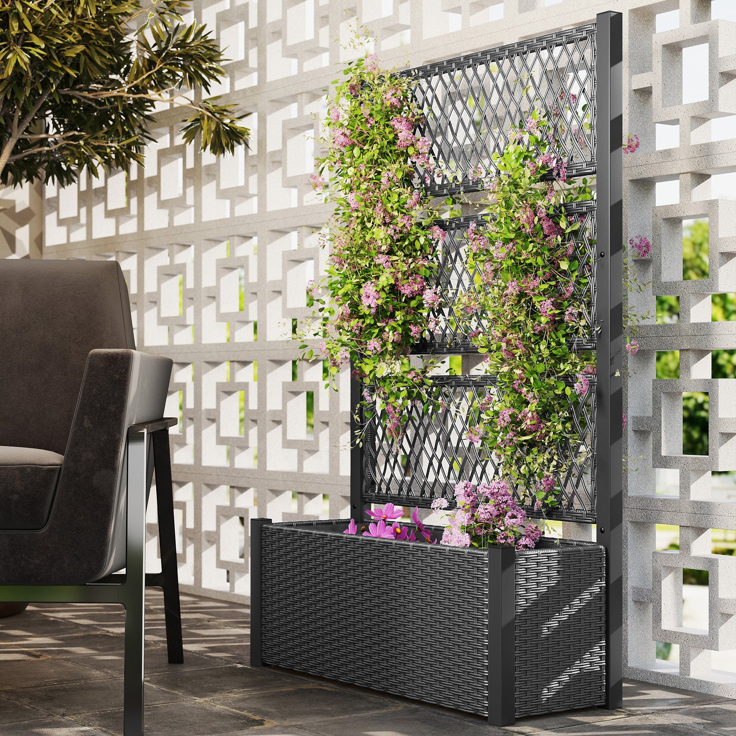 Outsunny Garden Planter Box With Trellis Liner For Climbing Plants Vegetables Flowers 90 X 35 X 148 Cm Charcoal Grey