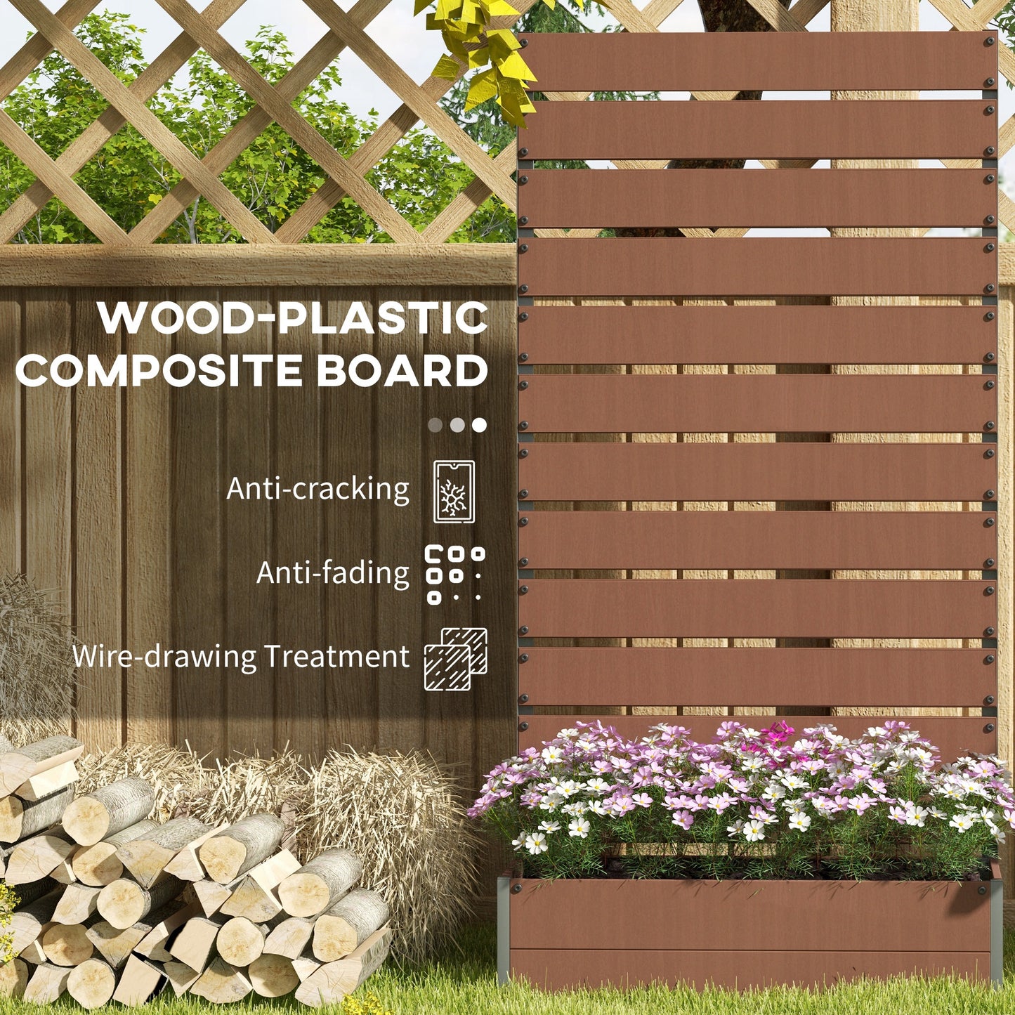 Outsunny Wood-Plastic Composite Raised Garden Planter with Climbing Trellis - Light Brown, 90.5L x 38W x 180H, Drainage Gap for Plants & Vines - ALL4U RETAILER LTD