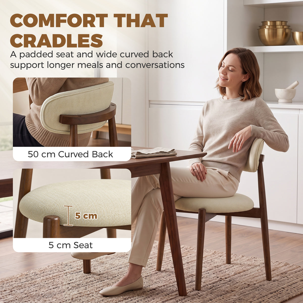 Beige chenille dining chairs with padded curved back and supportive cushioned seat