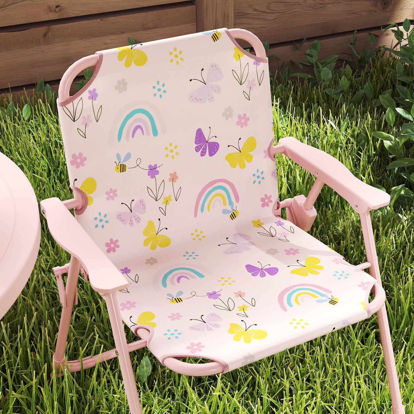 AIYAPLAY 4-Piece Foldable Kids Garden Table and Chair Set With Adjustable Parasol Pink Rainbow Pattern for Ages 2-5
