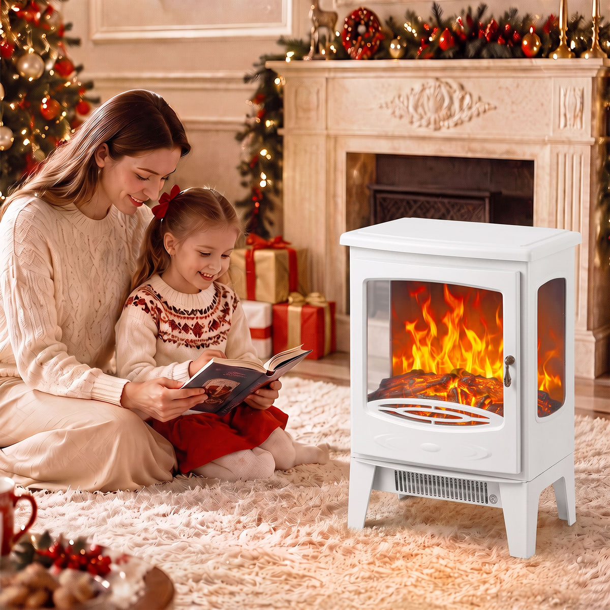 White freestanding electric fireplace heater with glowing flames behind front window