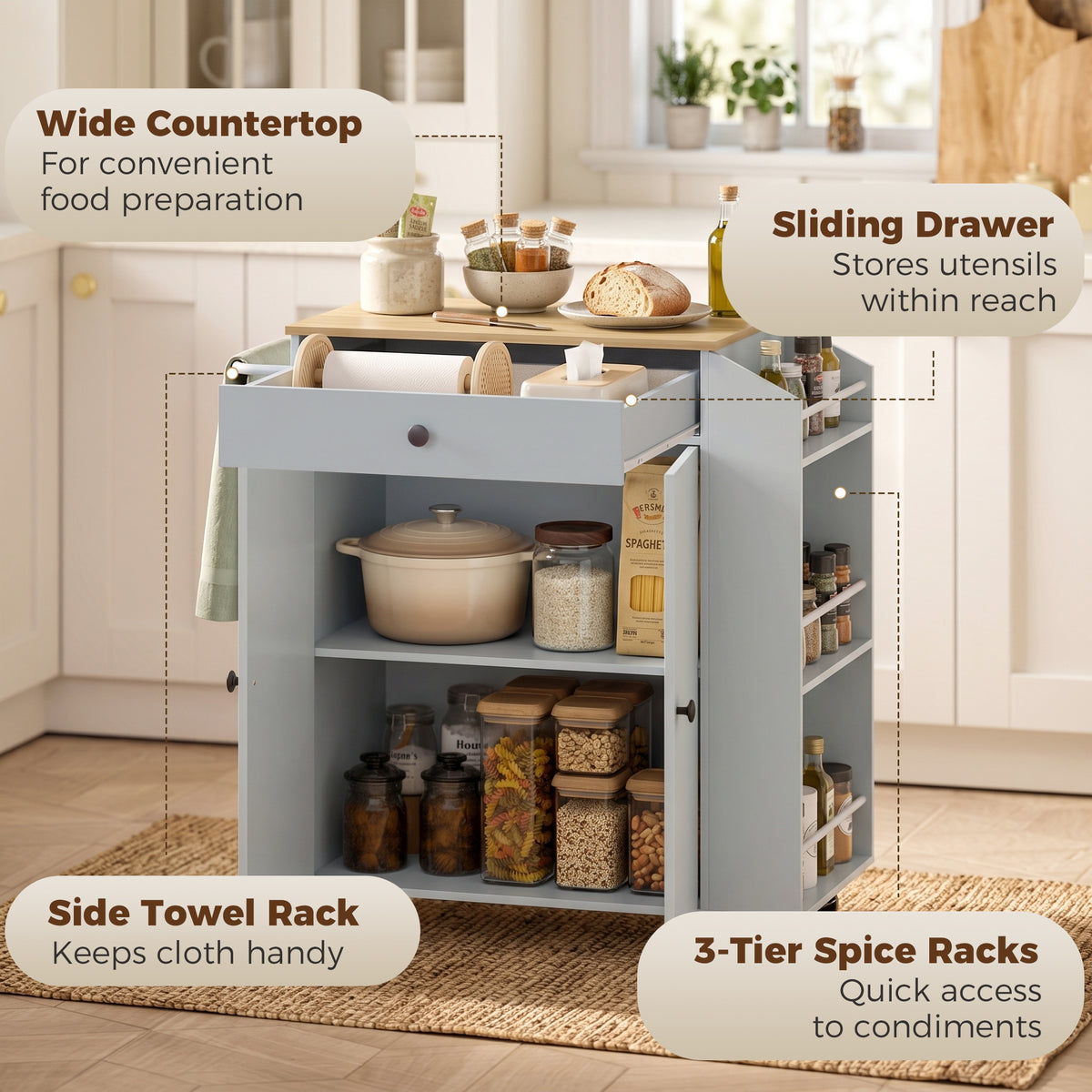 Light gray rolling kitchen island cart with open sliding drawer and 3-tier side spice rack