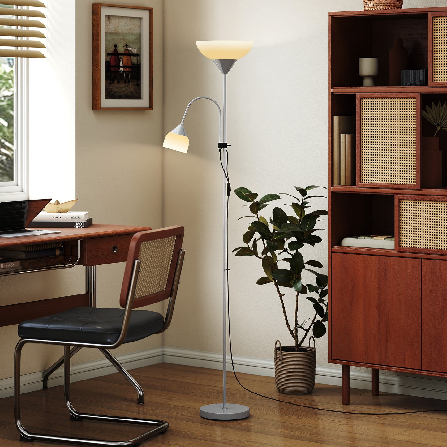 HOMCOM LED Floor Lamp 180cm Living Room Mother And Child Uplighter Adjustable Gooseneck 3000K 4500K 6500K Silver