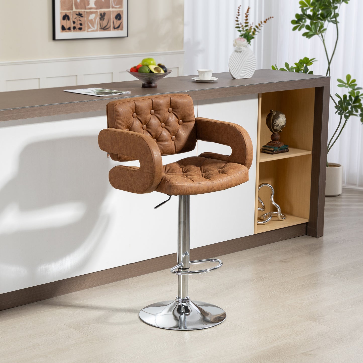 Homcom PU Leather Swivel Bar Stool With Back And Armrest Height Adjustable Footrest Brown Chrome Base