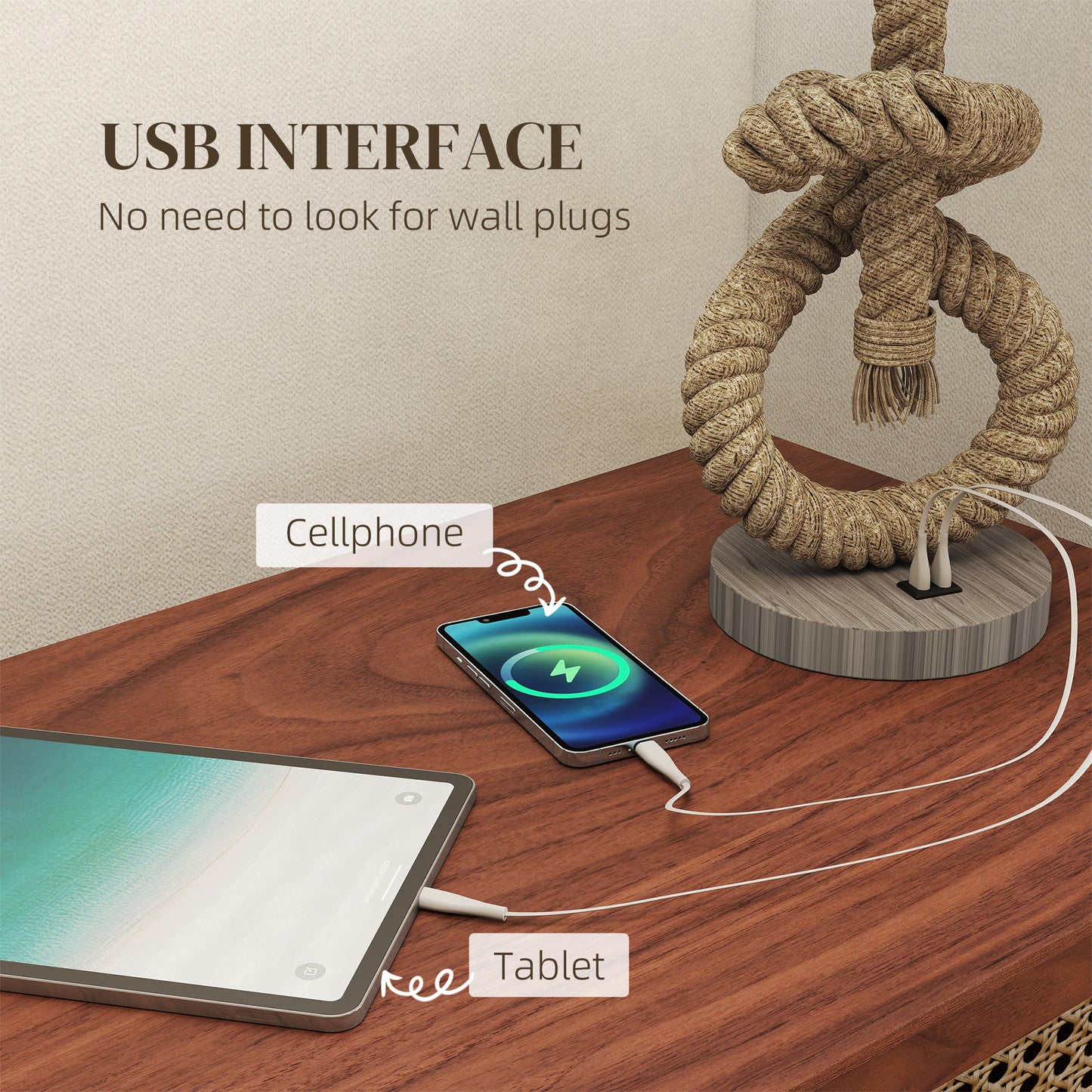HOMCOM Nautical Table Lamps Set Of 2 With USB Port For Bedroom And Living Room Warm White LED Bulbs Included Hemp Rope