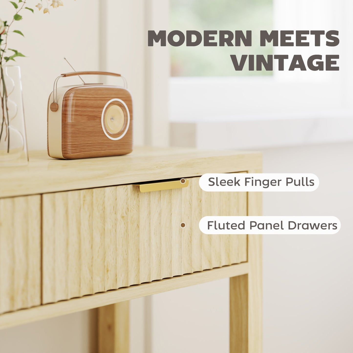 HOMCOM Modern Console Table With Fluted Panel Drawers Narrow Hallway Entryway Table With Open Shelf Natural Wood Finish