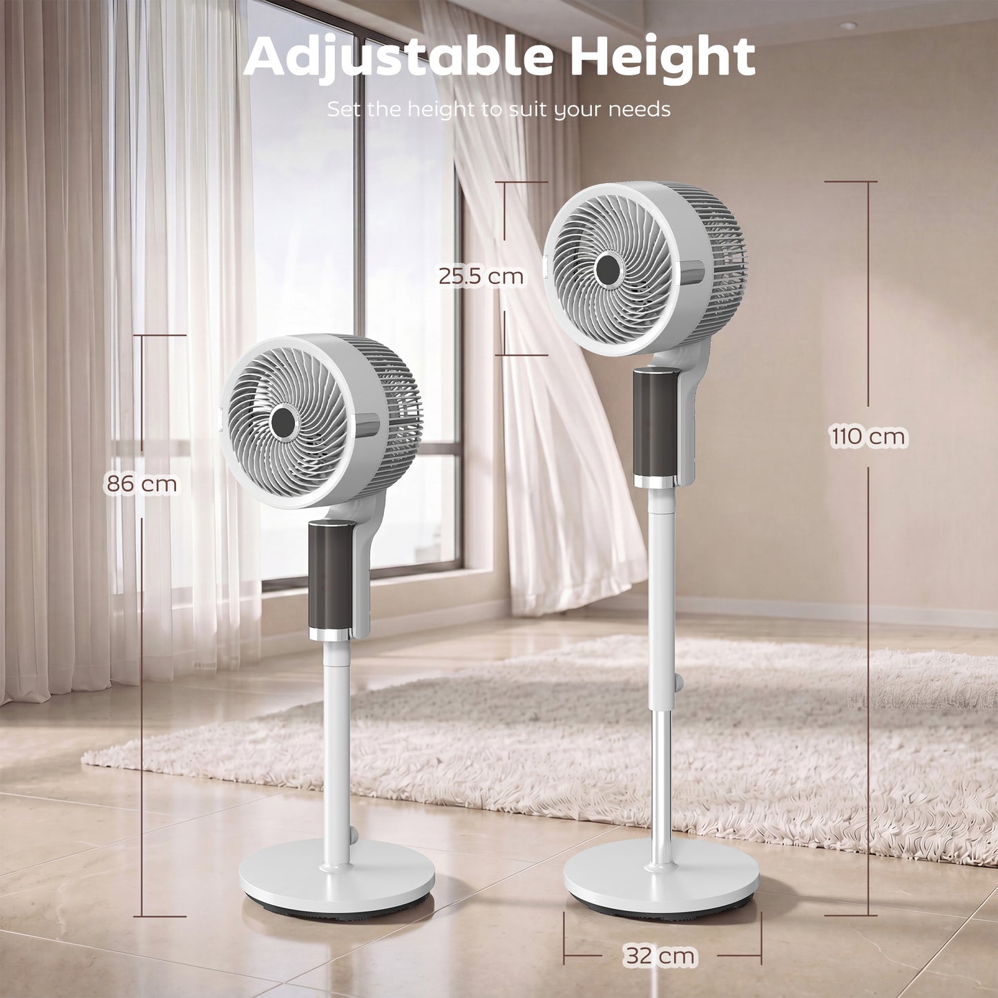 HOMCOM 44 Inch Pedestal Fan Quiet 20dB Sleep Mode 90 Degree Oscillation 8 Speeds LED Light White Bedroom