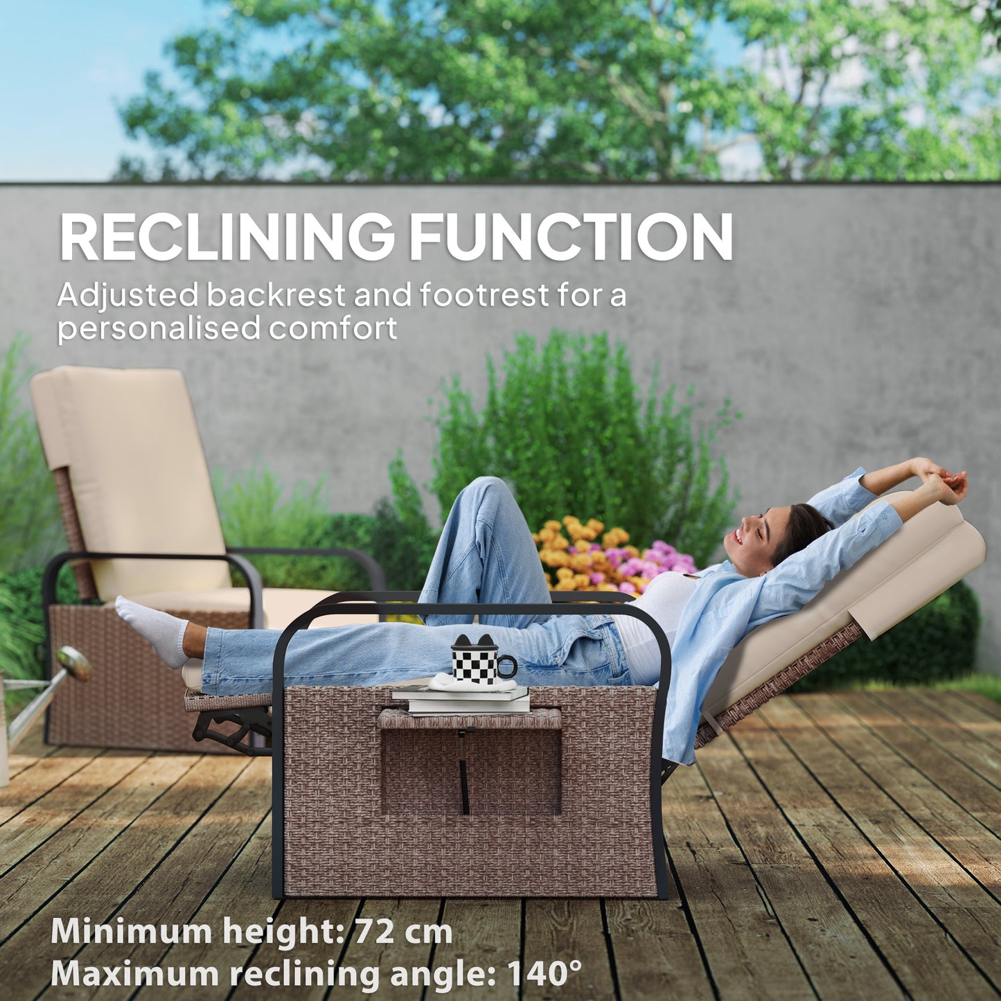 Outsunny 140 Degree Reclining Rattan Armchair With Footrest And Cushioned Seat In Brown Khaki