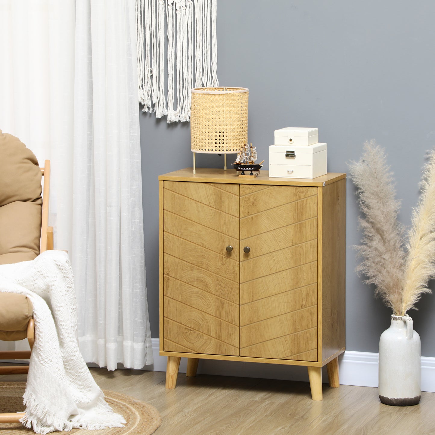 HOMCOM Classic Vintage Sideboard with Chevron Doors and Pine Legs, Natural Wood Finish - ALL4U RETAILER LTD