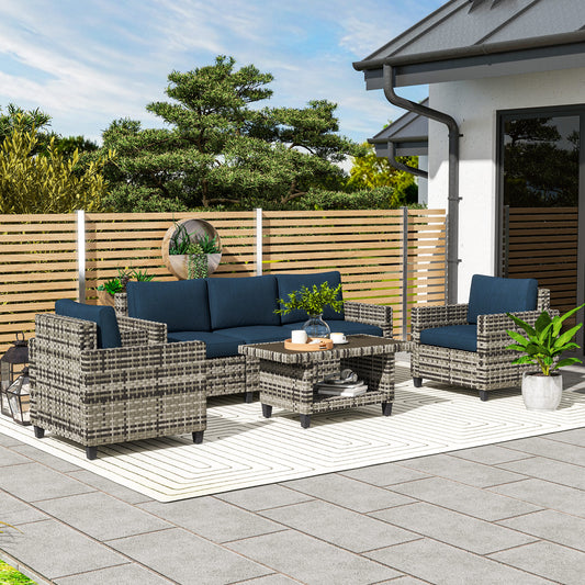 Outsunny Six Piece Modular Rattan Sofa Set Navy Blue Outdoor Garden Furniture With Table And Corner Chairs