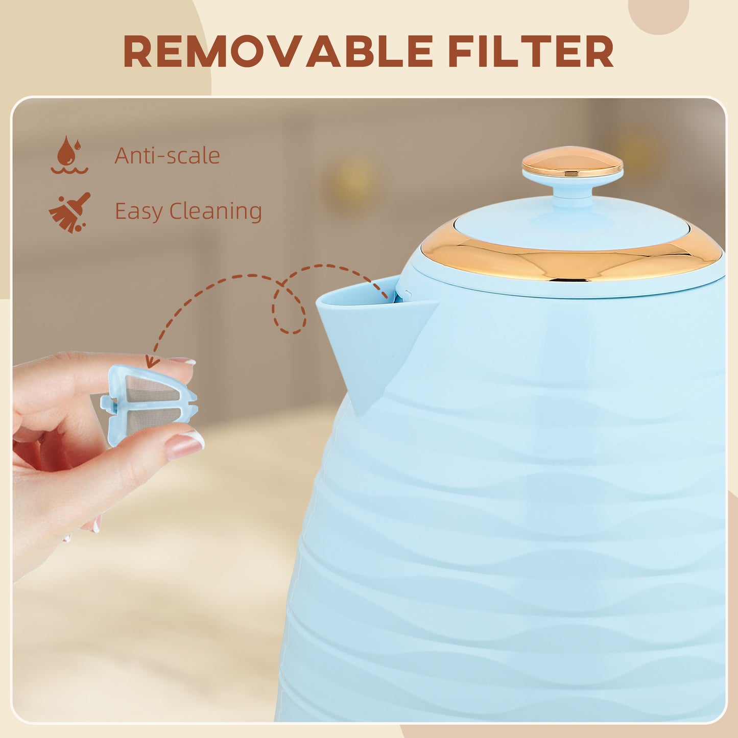 HOMCOM 3kW Rapid Boil Honeycomb Kettle Light Blue With Boil Dry Protection For Fast One Cup Water Heating In 42 Seconds